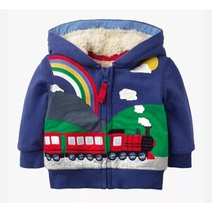 Mini Boden Shaggy Lined Train Cows and Rainbow Applique Jacket 3-4y